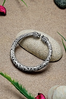 White Finish Chitai Peacock Temple Kada In Sterling Silver