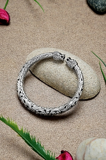 White Finish Chitai Peacock Temple Kada In Sterling Silver