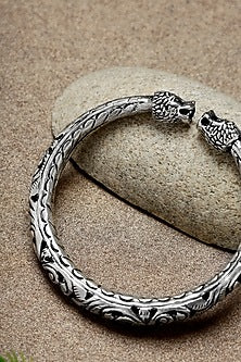 White Finish Chitai Peacock Temple Kada In Sterling Silver