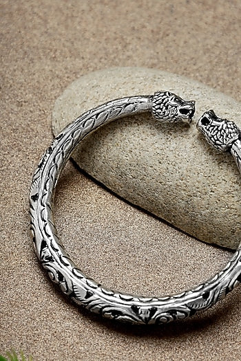 White Finish Chitai Peacock Temple Kada In Sterling Silver