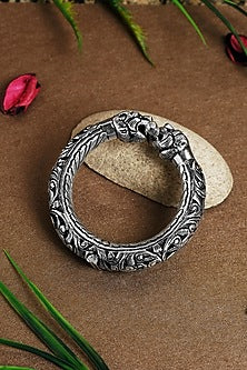 White Finish Elephant Chitai Temple Kada In Sterling Silver