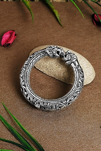 White Finish Elephant Chitai Temple Kada In Sterling Silver