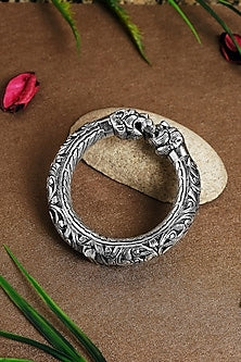 White Finish Elephant Chitai Temple Kada In Sterling Silver