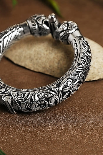 White Finish Elephant Chitai Temple Kada In Sterling Silver