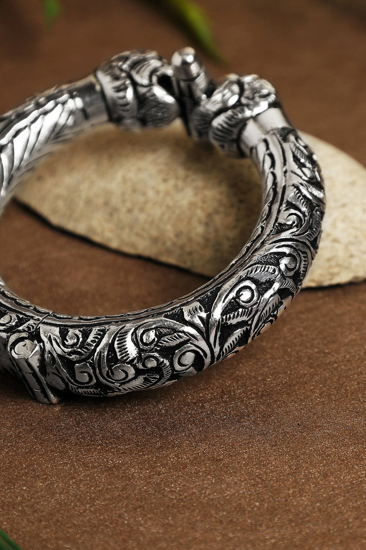 White Finish Elephant Chitai Temple Kada In Sterling Silver