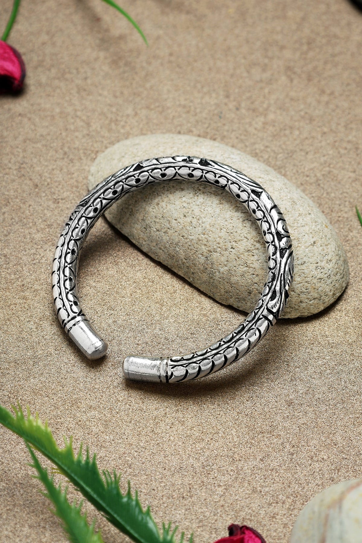 White Finish Chitai Temple Kada In Sterling Silver