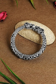 White Finish Dragon Chitai Temple Kada In Sterling Silver