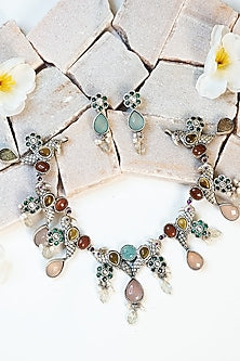 White Finish Multi-Colored Kempstone Tribal Necklace Set In Sterling Silver