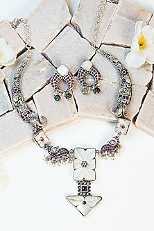 White Finish Red Kempstone & Mother Of Pearl Tribal Long Necklace Set In Sterling Silver