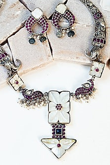 White Finish Red Kempstone & Mother Of Pearl Tribal Long Necklace Set In Sterling Silver