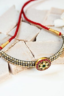 Two Tone Finish Red Kundan Polki Temple Choker Necklace In Sterling Silver