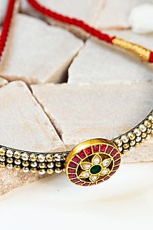 Two Tone Finish Red Kundan Polki Temple Choker Necklace In Sterling Silver