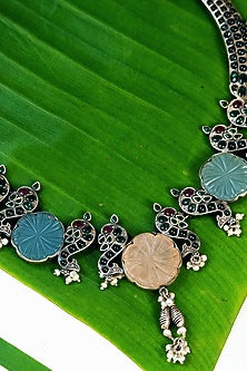 White Finish Multi-Colored Quartz & Kempstone Tribal Long Necklace In Sterling Silver