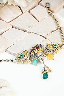 Two Tone Finish Multi-Colored Kundan & Pearl Tribal Choker Necklace In Sterling Silver
