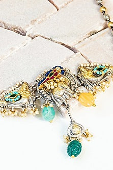 Two Tone Finish Multi-Colored Kundan & Pearl Tribal Choker Necklace In Sterling Silver