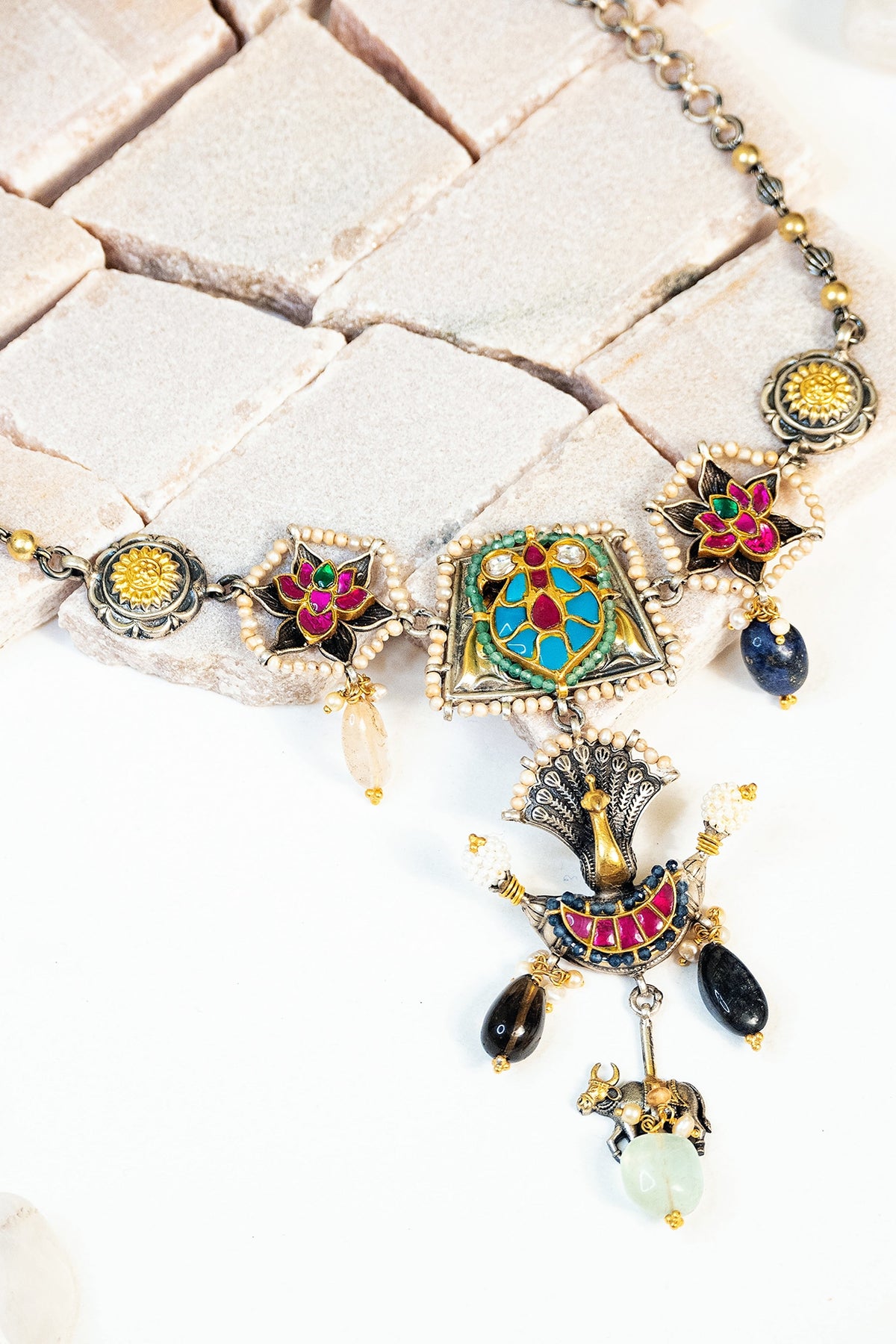 Two Tone Finish Multi-Colored Kundan & Pearl Tribal Choker Necklace In Sterling Silver