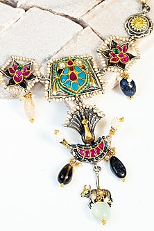 Two Tone Finish Multi-Colored Kundan & Pearl Tribal Choker Necklace In Sterling Silver