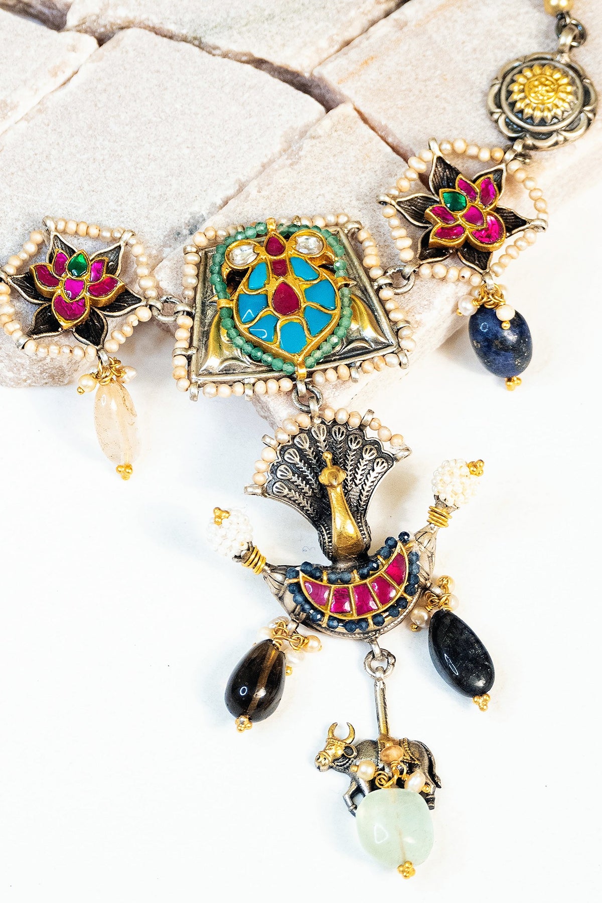 Two Tone Finish Multi-Colored Kundan & Pearl Tribal Choker Necklace In Sterling Silver