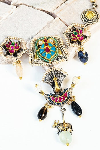 Two Tone Finish Multi-Colored Kundan & Pearl Tribal Choker Necklace In Sterling Silver