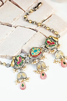 Two Tone Finish Multi-Colored Kundan & Pearl Tribal Choker Necklace In Sterling Silver