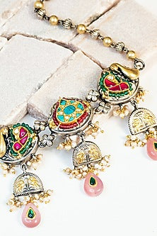 Two Tone Finish Multi-Colored Kundan & Pearl Tribal Choker Necklace In Sterling Silver