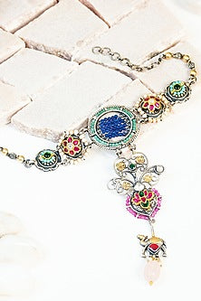 Two Tone Finish Multi-Colored Kundan & Pearl Tribal Long Necklace In Sterling Silver