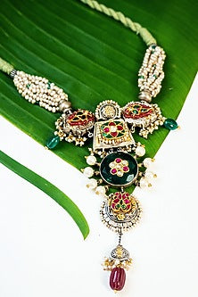 Two Tone Finish Multi-Colored Kundan & Pearl Tribal Long Necklace In Sterling Silver