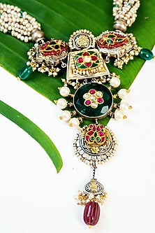 Two Tone Finish Multi-Colored Kundan & Pearl Tribal Long Necklace In Sterling Silver
