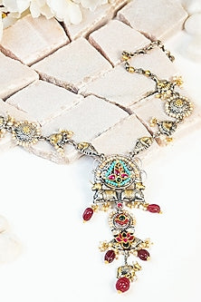 Two Tone Finish Multi-Colored Kundan & Pearl Tribal Long Necklace In Sterling Silver