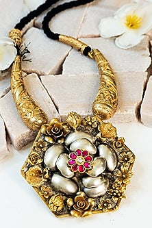 Two Tone Finish Pink Kundan Tribal Long Necklace In Sterling Silver