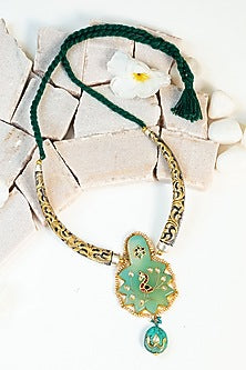 Two Tone Finish Green Kundan Tribal Long Necklace In Sterling Silver