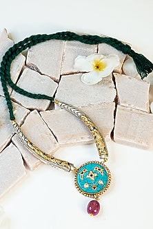 Two Tone Finish Turquoise & Kundan Tribal Long Necklace In Sterling Silver
