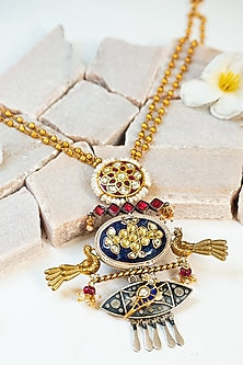 Two Tone Finish Multi-Colored Stone & Kundan Tribal Long Necklace In Sterling Silver