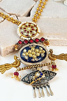 Two Tone Finish Multi-Colored Stone & Kundan Tribal Long Necklace In Sterling Silver