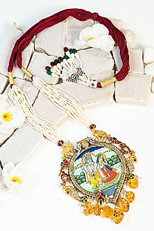 Two Tone Finish Tribal Hand Painted Long Necklace In Sterling Silver