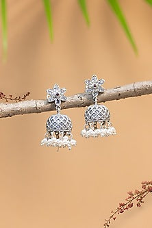 White Finish CZ & Pearl Temple Earrings In Sterling Silver