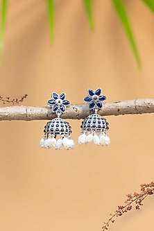White Finish Blue Kempstone Temple Earrings In Sterling Silver