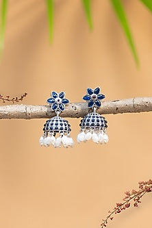 White Finish Blue Kempstone Temple Earrings In Sterling Silver