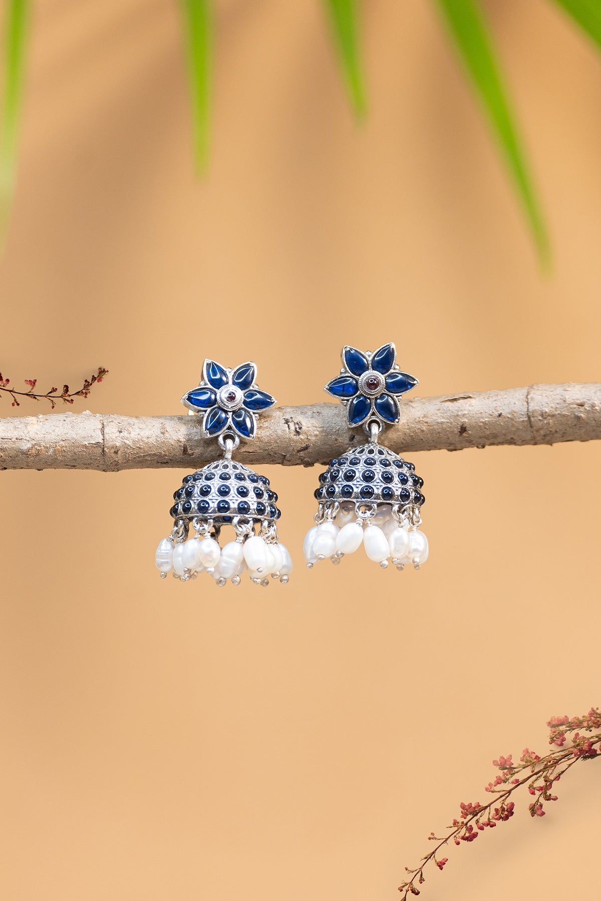 White Finish Blue Kempstone Temple Earrings In Sterling Silver