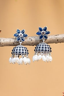 White Finish Blue Kempstone Temple Earrings In Sterling Silver