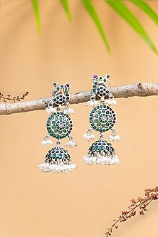 White Finish Green Kempstone Temple Earrings In Sterling Silver