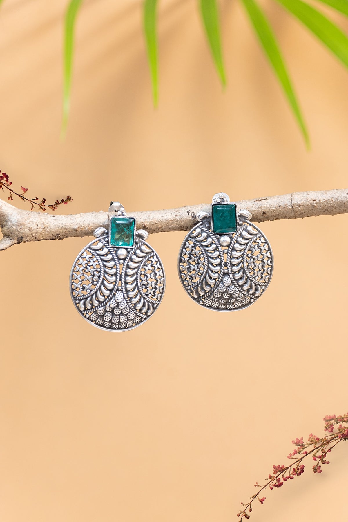 White Finish Green Onyx Temple Stud Earrings In Sterling Silver
