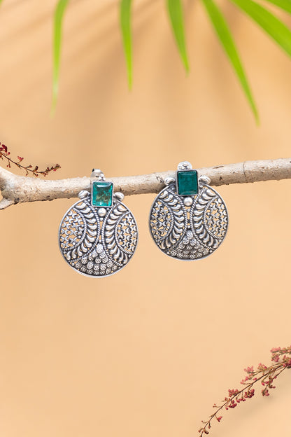 White Finish Green Onyx Temple Stud Earrings In Sterling Silver