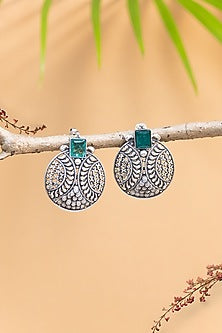 White Finish Green Onyx Temple Stud Earrings In Sterling Silver