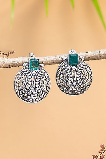 White Finish Green Onyx Temple Stud Earrings In Sterling Silver