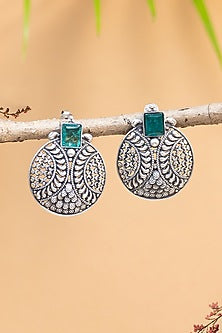 White Finish Green Onyx Temple Stud Earrings In Sterling Silver