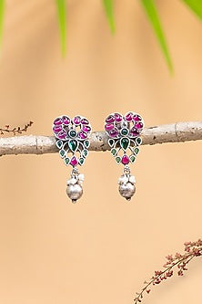 White Finish Maroon Kempstone Temple Earrings In Sterling Silver