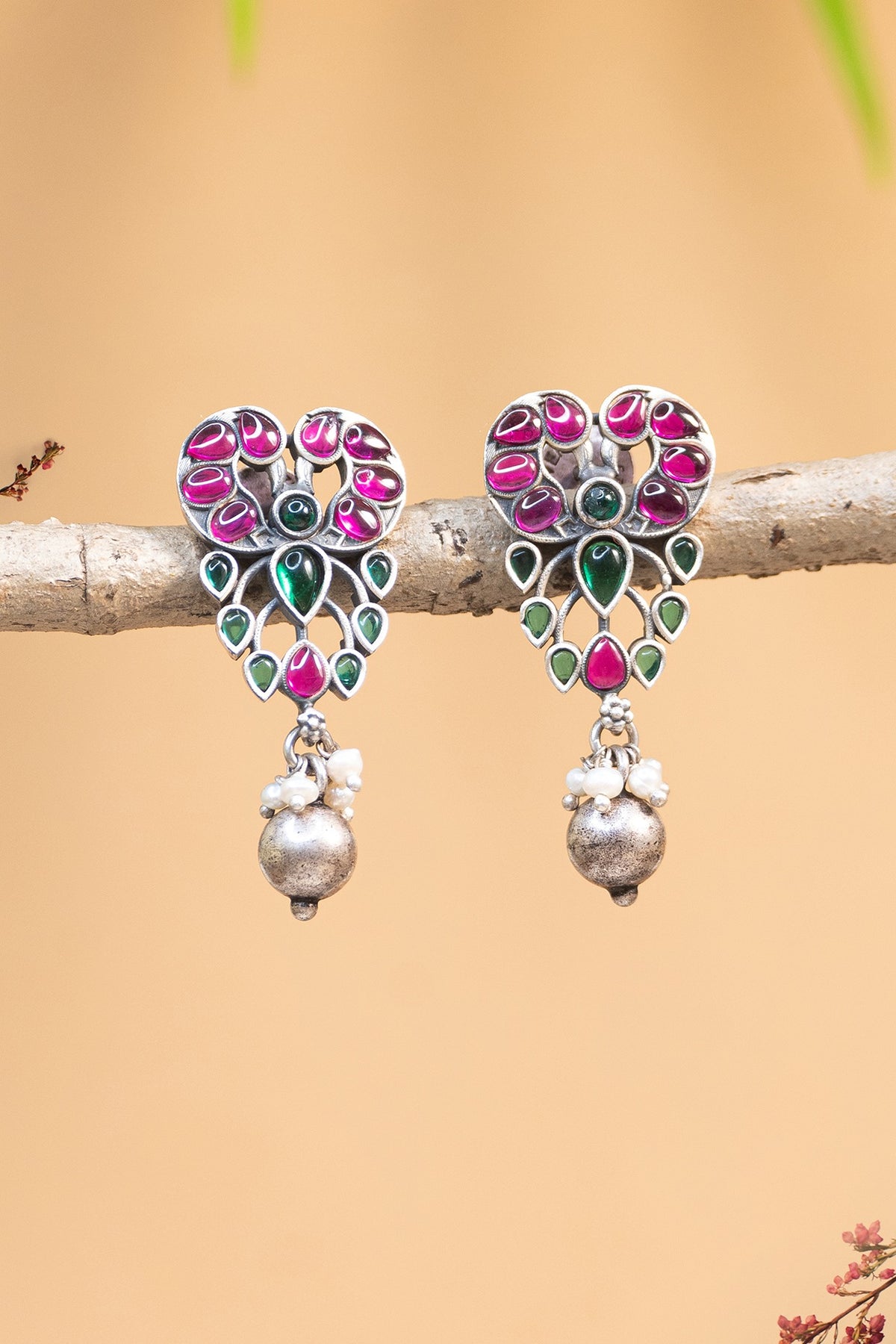 White Finish Maroon Kempstone Temple Earrings In Sterling Silver