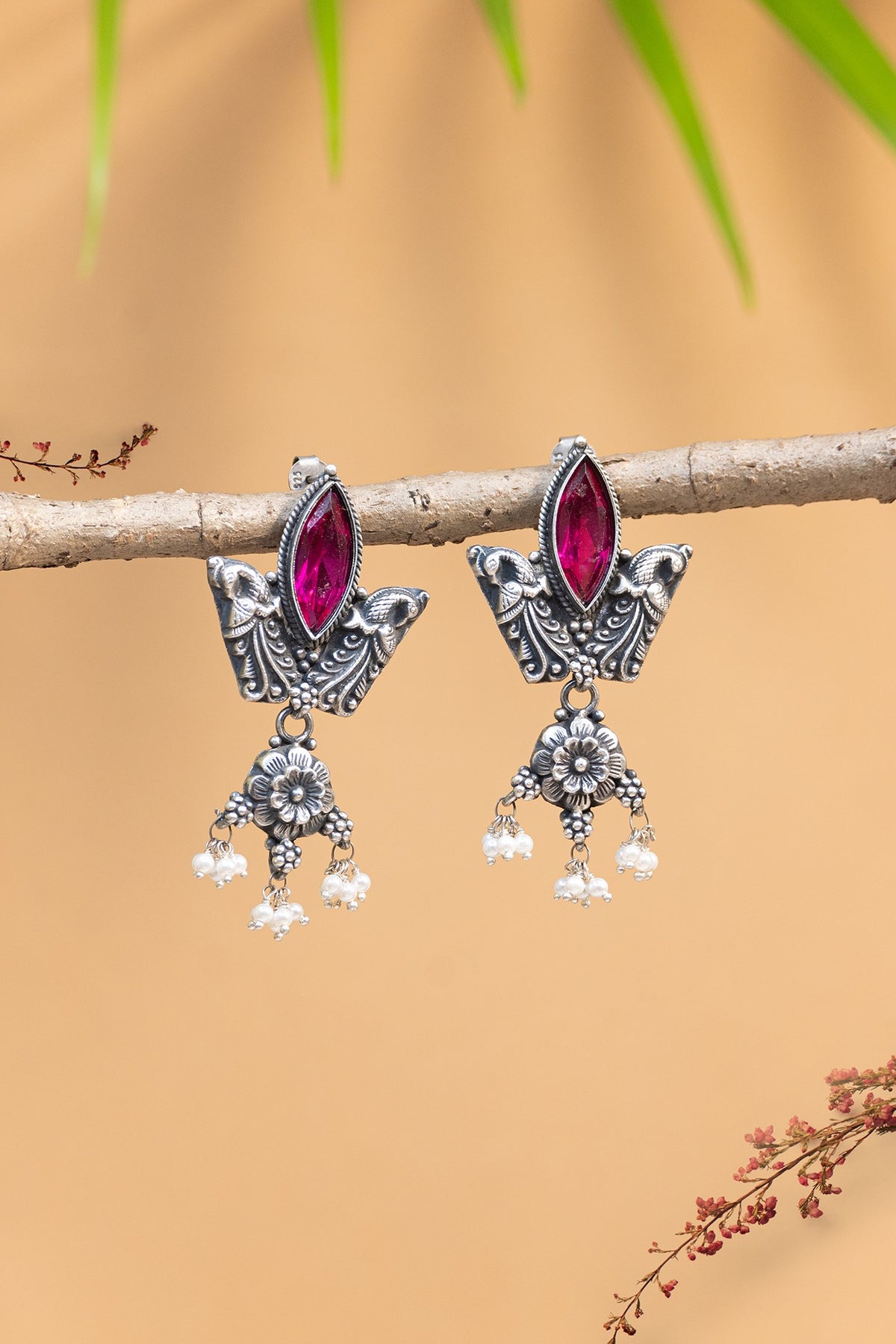 White Finish Red Onyx Temple Dangler Earrings In Sterling Silver