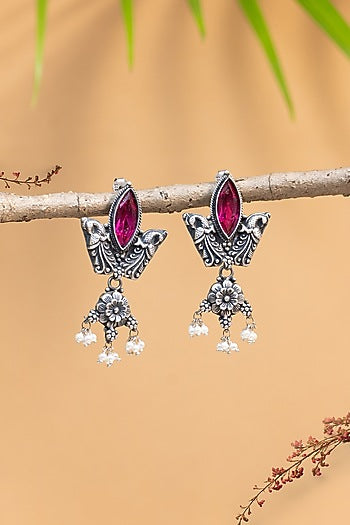 White Finish Red Onyx Temple Dangler Earrings In Sterling Silver